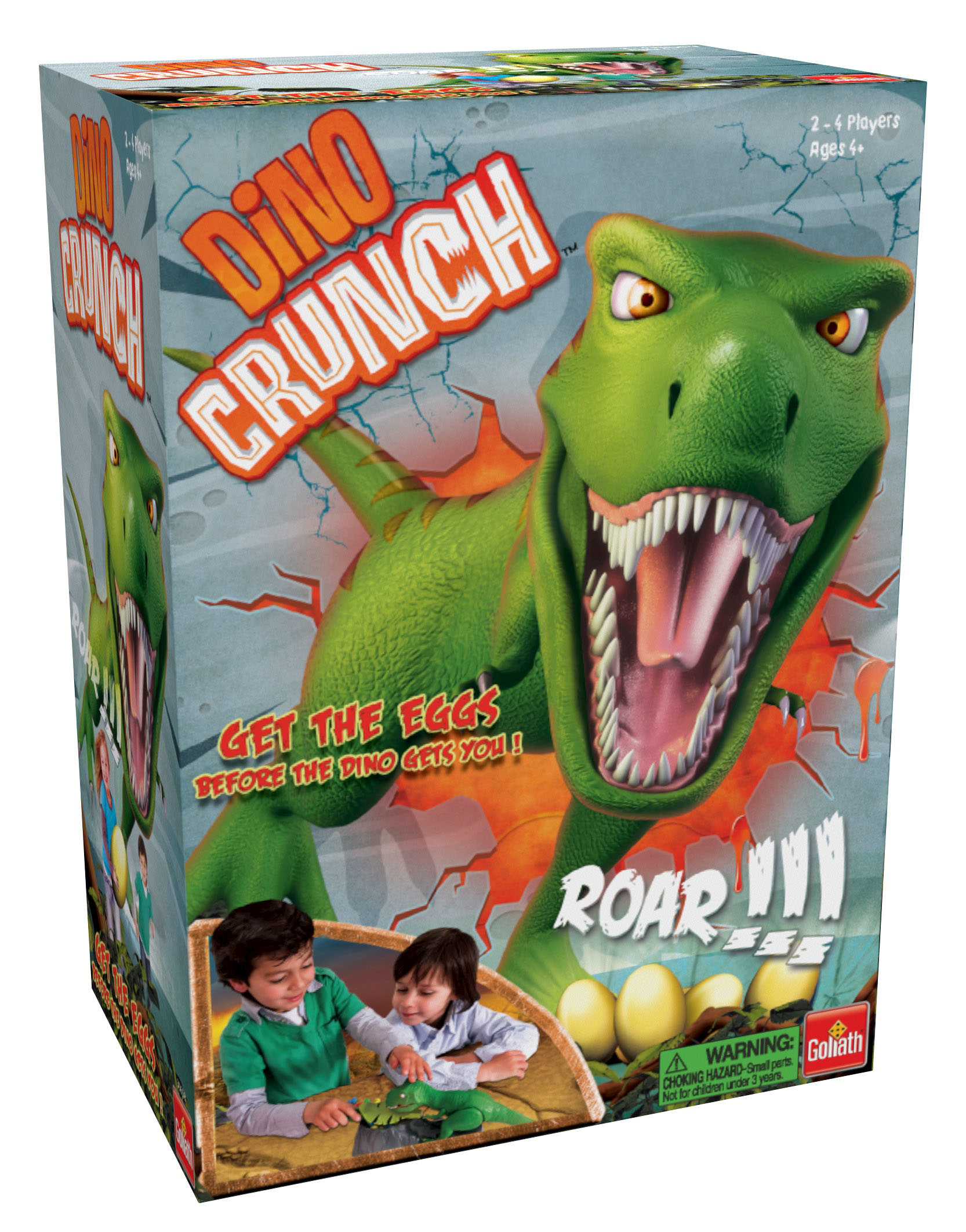 Una caja del juego Dino Crunch con una ilustración de dinosaurio y niños jugando.