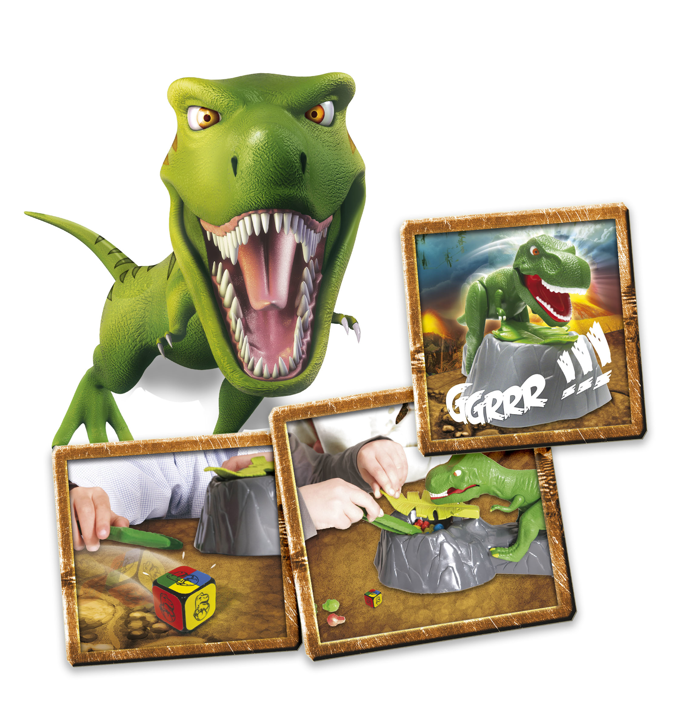 Un juguete de dinosaurio con tarjetas de juego que muestran al dinosaurio interactuando.