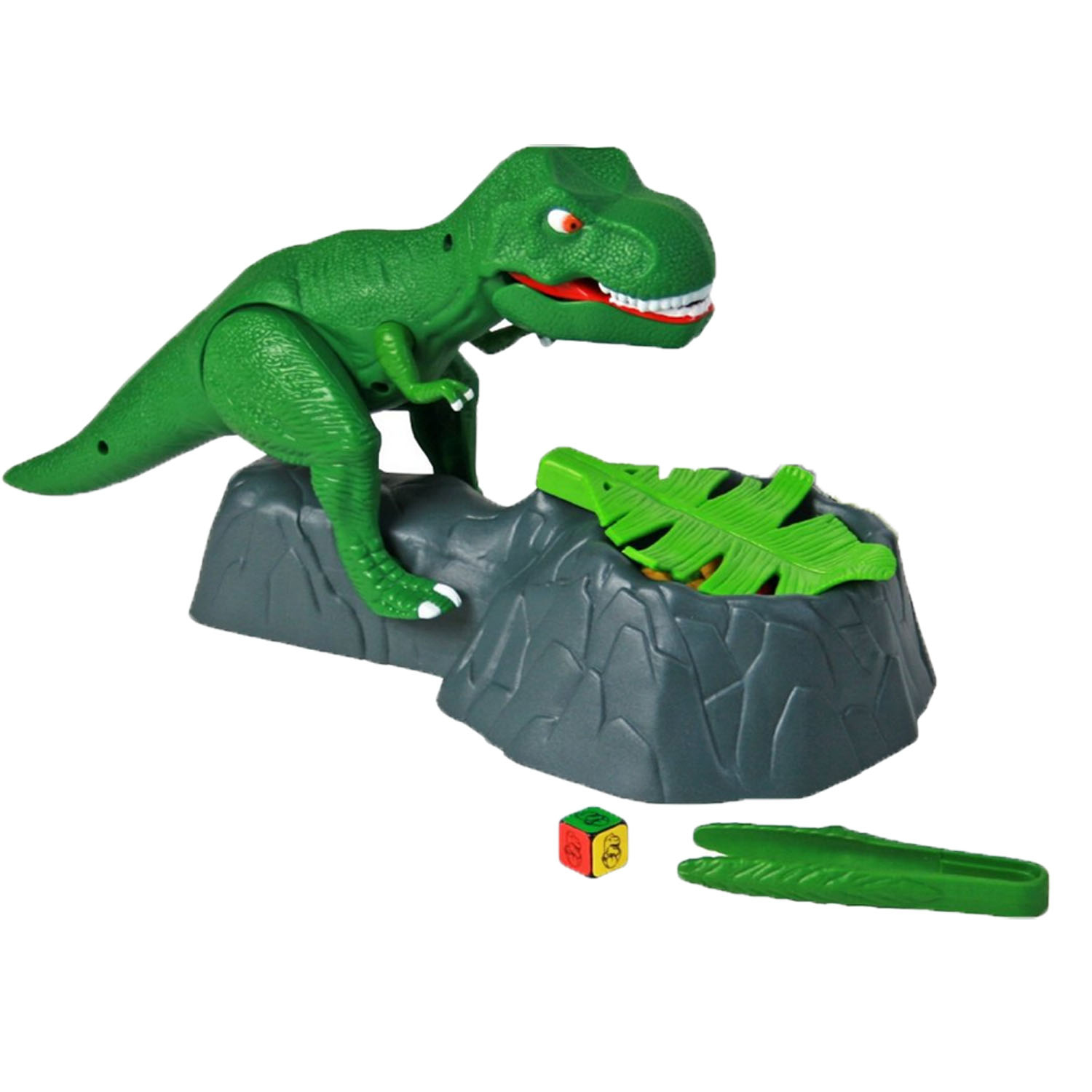 Dinosaurio de juguete de plástico verde con boca roja, junto a estructura de roca con hoja verde y un dado.