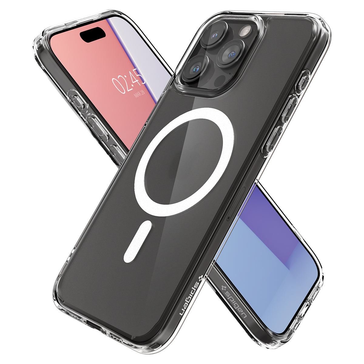 Twee iPhones in doorzichtige hoesjes. Eén is roze, de andere heeft een blauw scherm.
