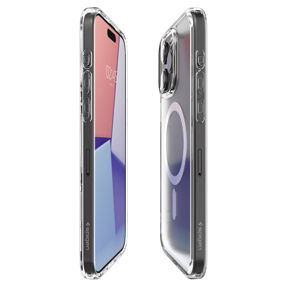 Twee iPhones in doorzichtige hoesjes, zijaanzicht. Eén met roze scherm, de andere zwart.