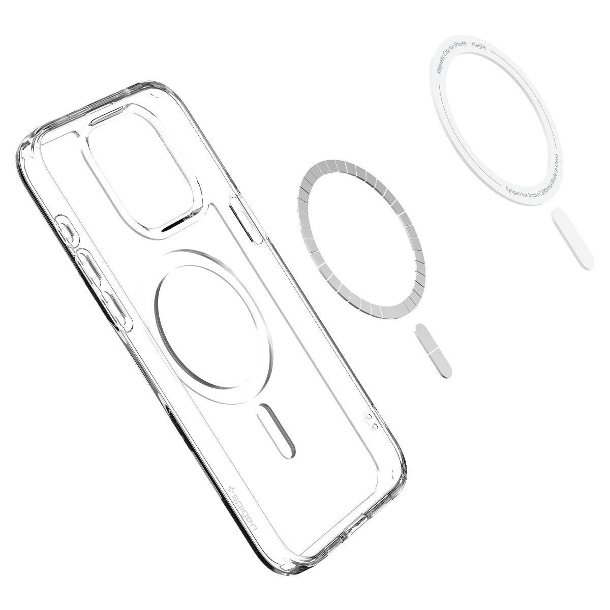 Transparante iPhone-hoes met MagSafe-componenten. Onderdelen los, cirkel en ring.