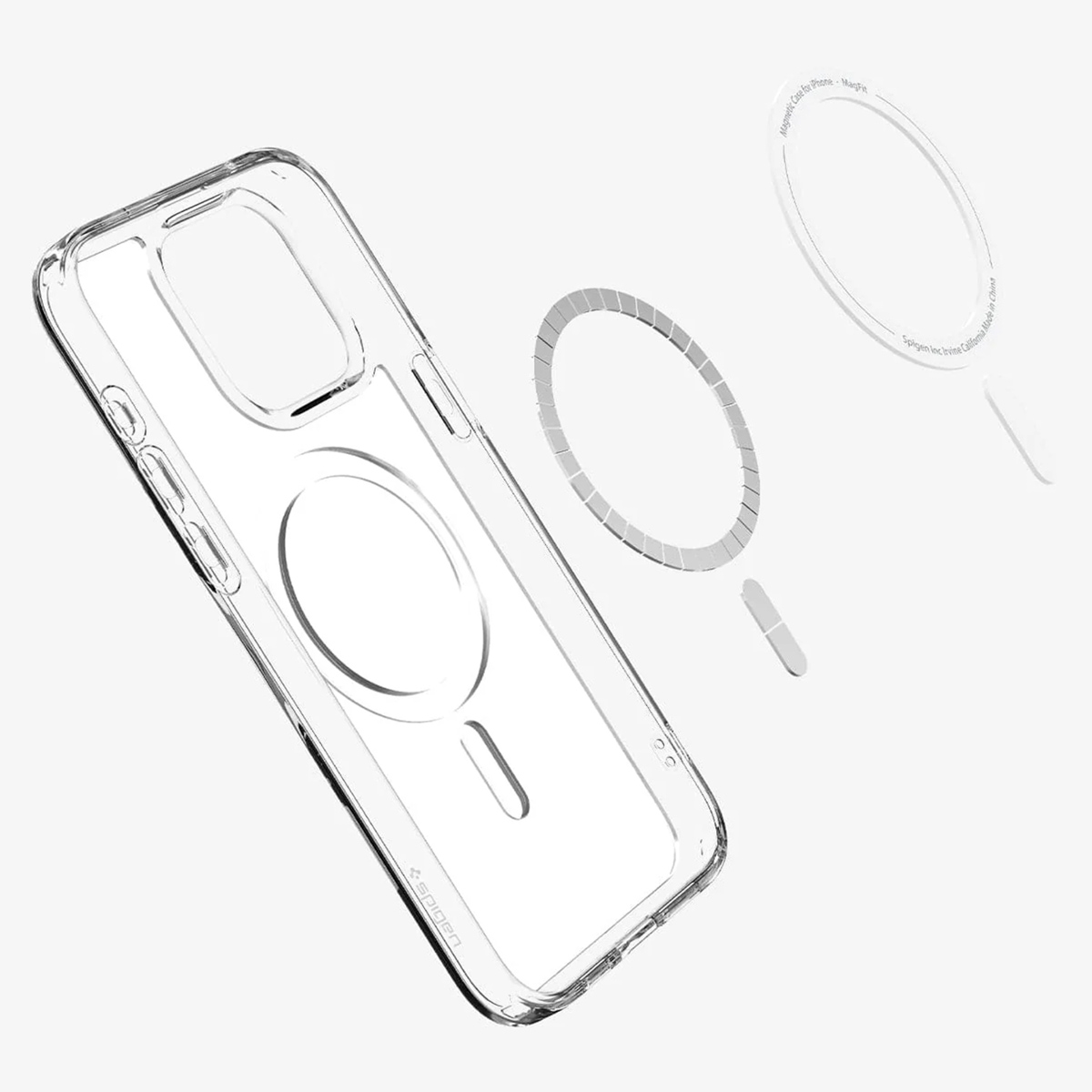 Transparante iPhone-hoes met MagSafe-componenten. Onderdelen los, cirkel zichtbaar.