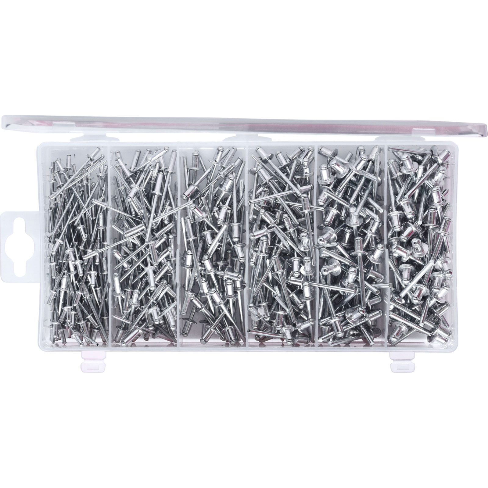Eine transparente Plastikbox, unterteilt in Abschnitte, gefüllt mit silbernen Nieten verschiedener Größen. Der Deckel ist offen.