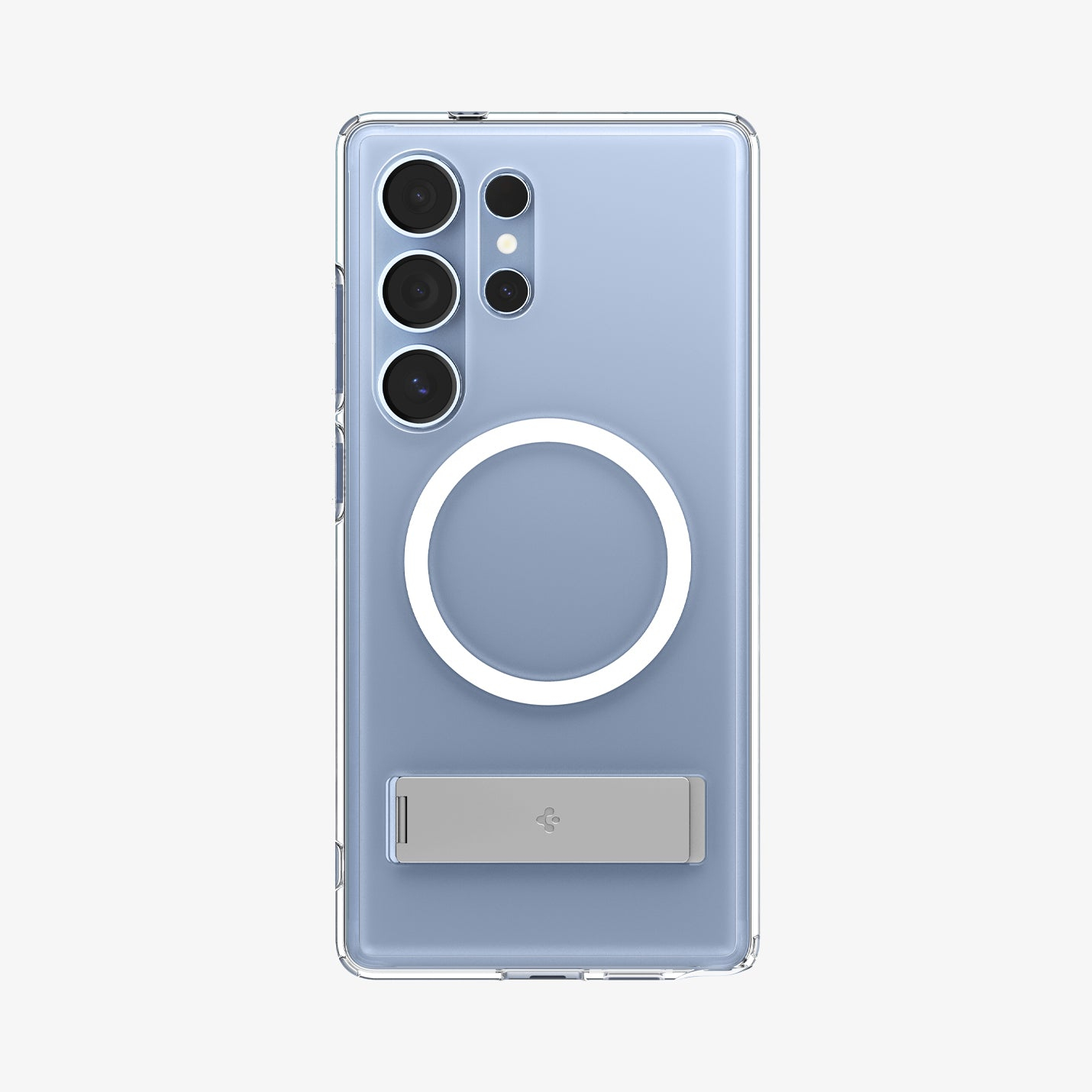 Close-up van een telefoonhoesje met een standaard. De telefoon heeft meerdere camera's en een witte ring.