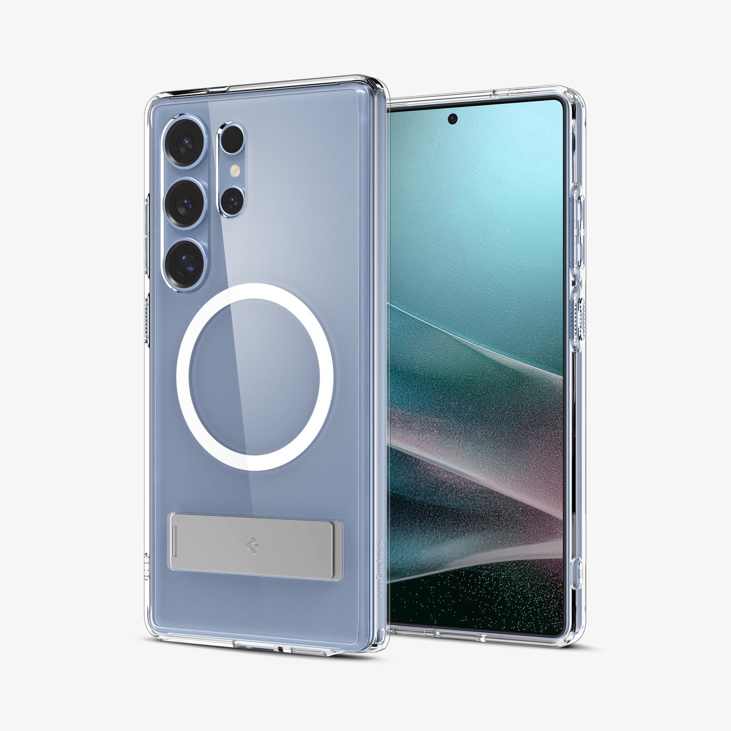 Een telefoon met een doorzichtige hoes en een standaard. De telefoon ligt op zijn kant en toont het scherm en de achterkant.