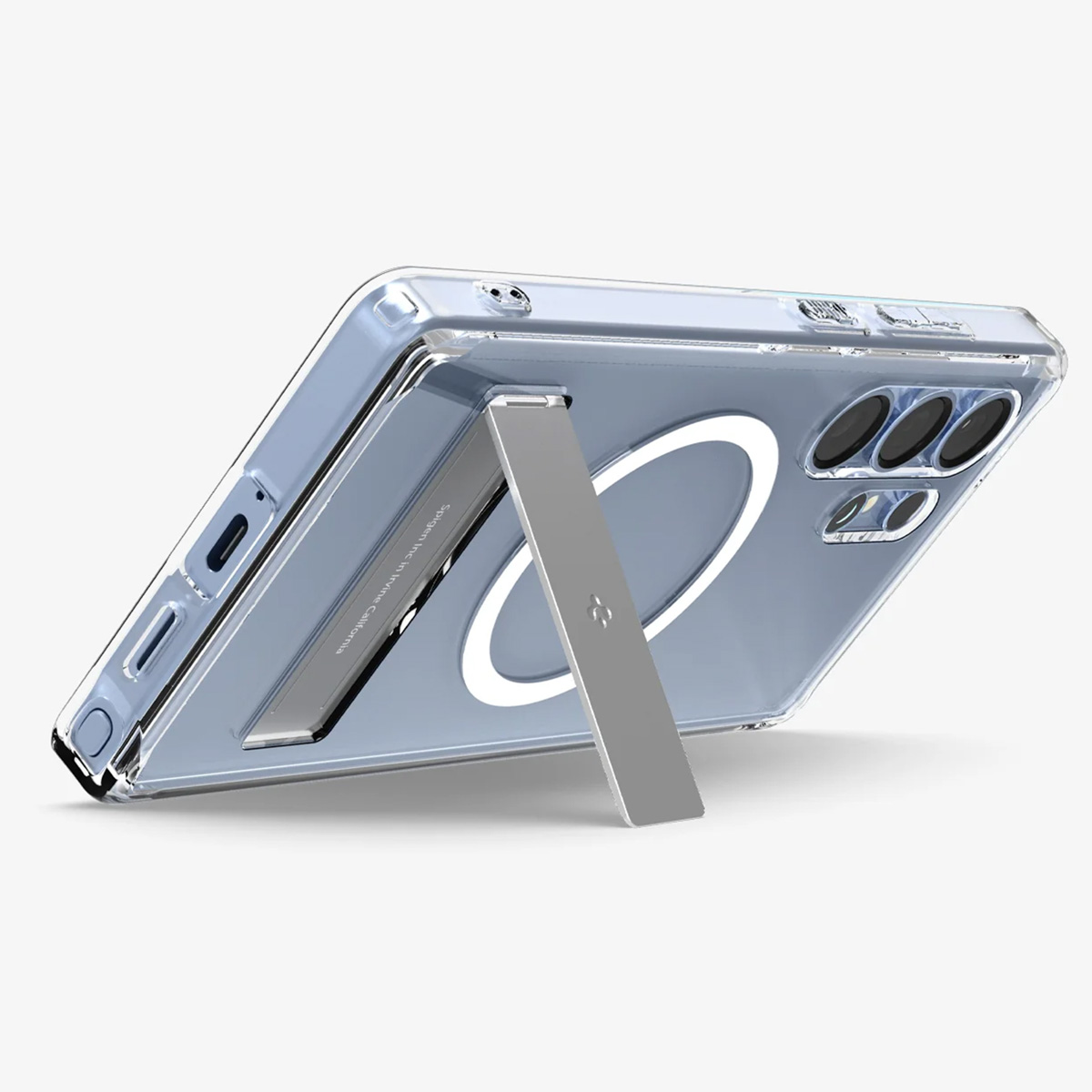 Transparante telefoonhoes met een zilveren standaard en een camerarand.