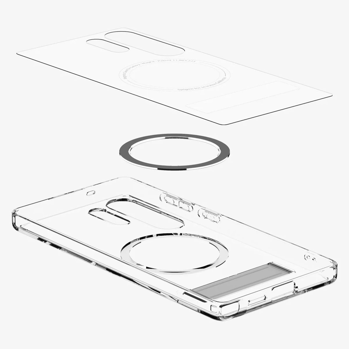 Diagram van een telefoonhoesje met een standaard. Het toont de hoes en de standaard apart en gemonteerd.