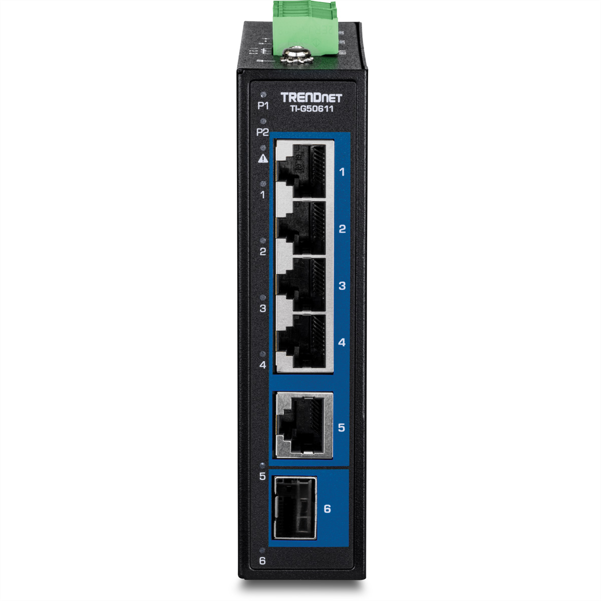 Schwarzer Netzwerk-Switch mit Anschlüssen und Trendnet-Branding. Grüne Klemme oben.
