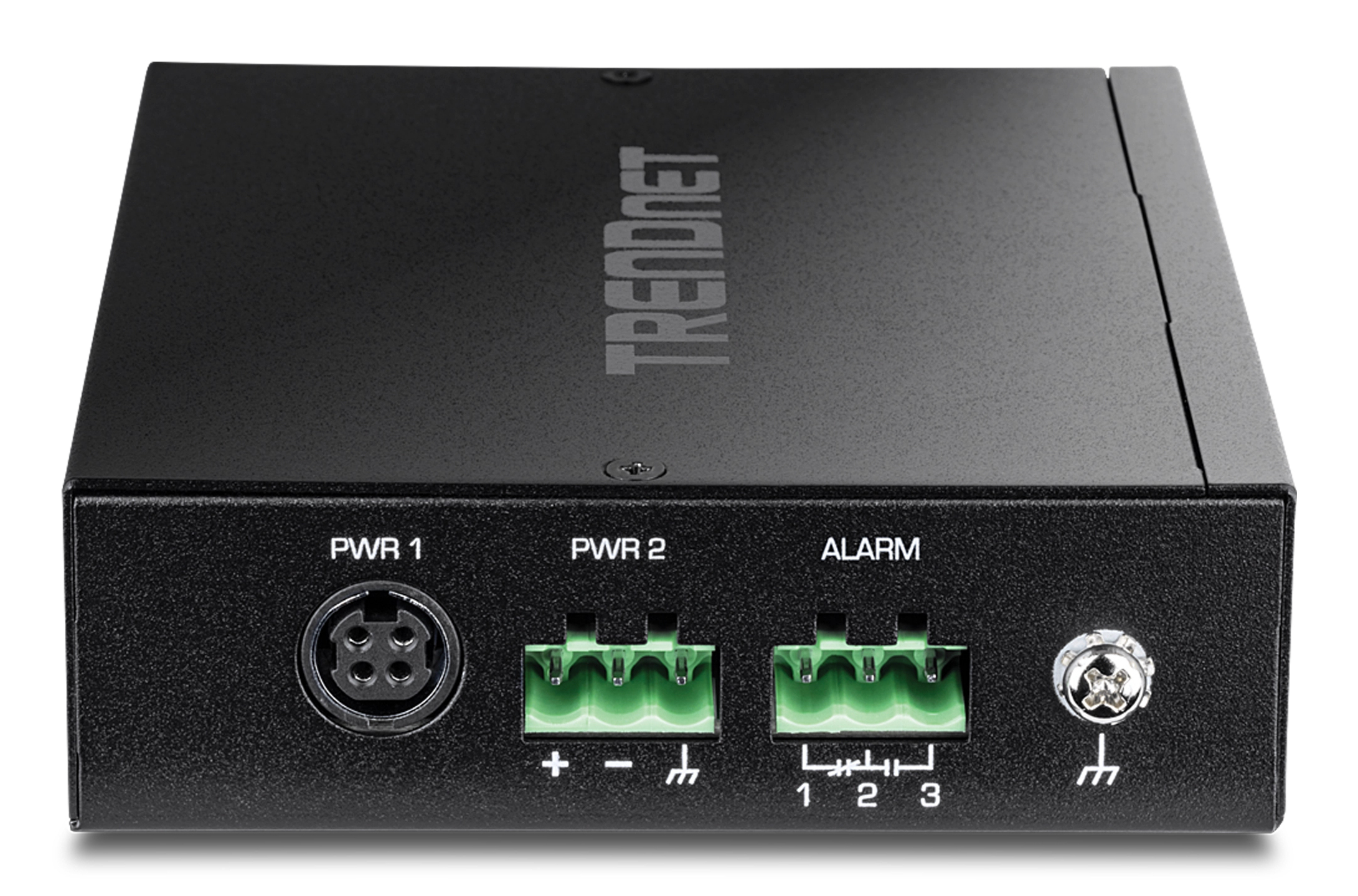 Nahaufnahme eines schwarzen Netzwerkgeräts mit Strom-, Alarmanschlüssen und grüner Klemme.