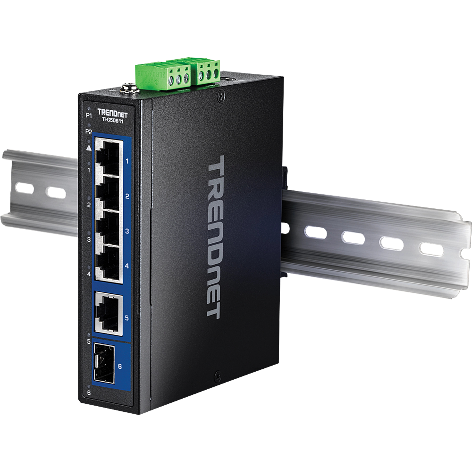 Schwarzer Netzwerk-Switch auf einer Silberschiene montiert. Anschlüsse und Klemme.