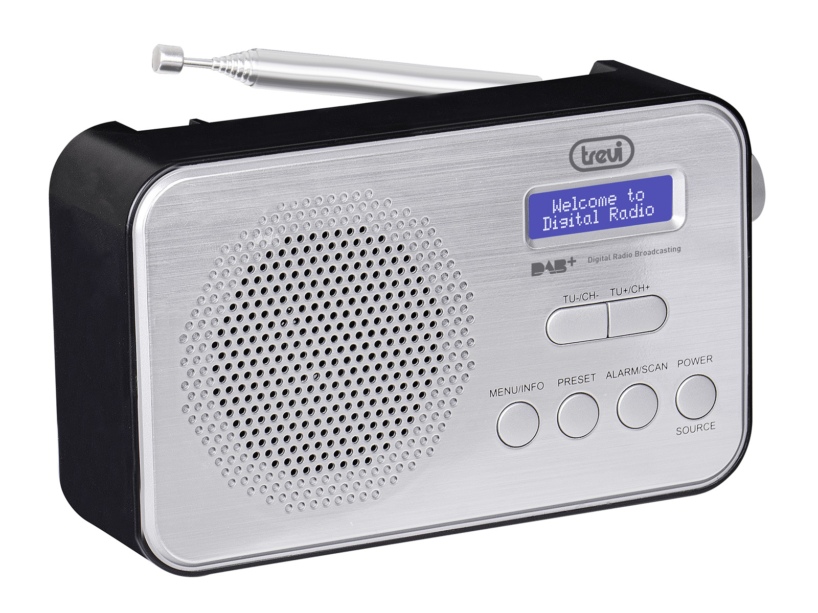 Radio digitale Trevi argento e nero con un piccolo display. Ha pulsanti e un'antenna retrattile.