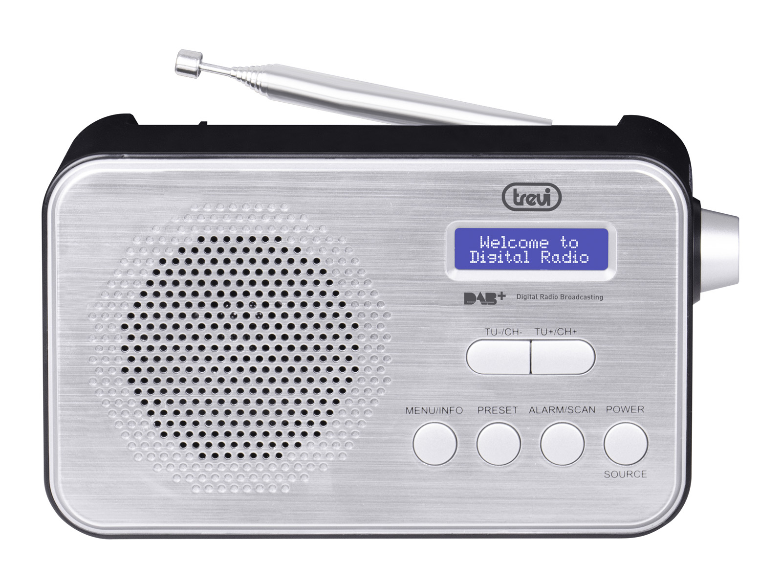 Una radio digitale Trevi argento e nera. Ha un piccolo display e pulsanti sulla parte anteriore.