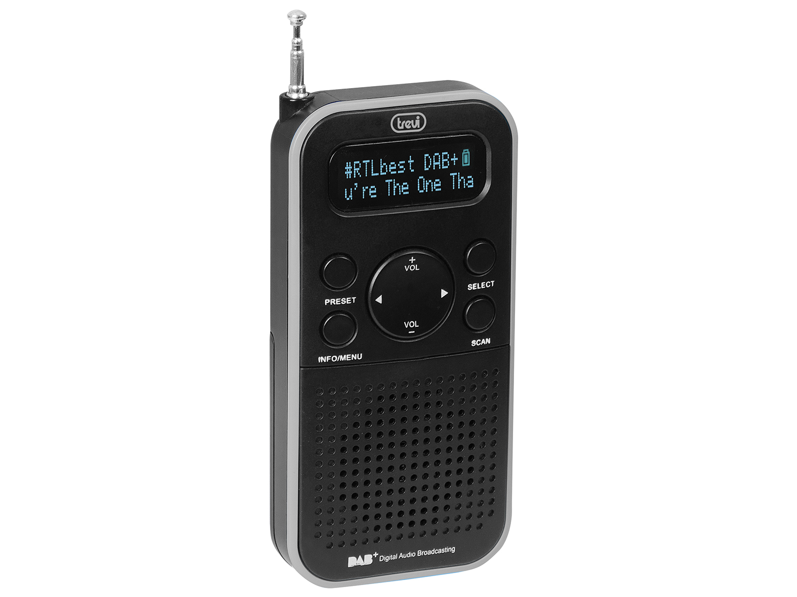 Radio DAB portatile nera e grigia con uno schermo che visualizza testo. Ha pulsanti e un'antenna.