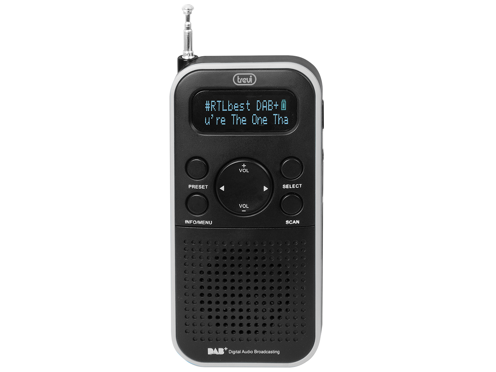 Una radio portatile nera e grigia con un display digitale che mostra il testo. Sfondo bianco.