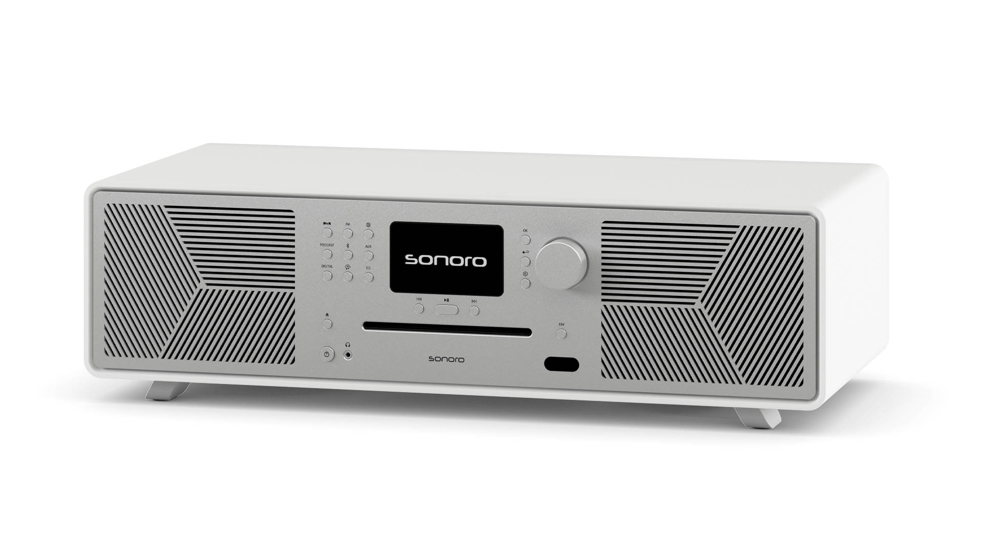 Weiß-silbernes Sonoro Audiosystem mit Bildschirm, Knöpfen und CD-Schlitz.
