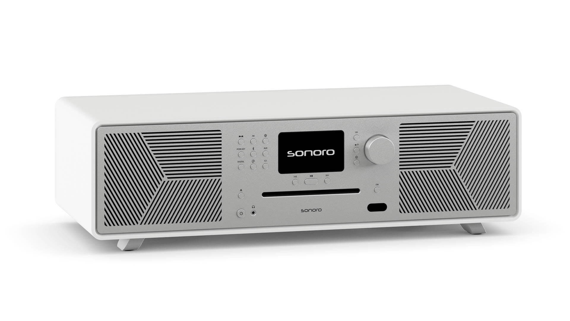 Ein weißes Sonoro-Radio mit silberner Front. Das Radio hat ein Display und verschiedene Bedienelemente.