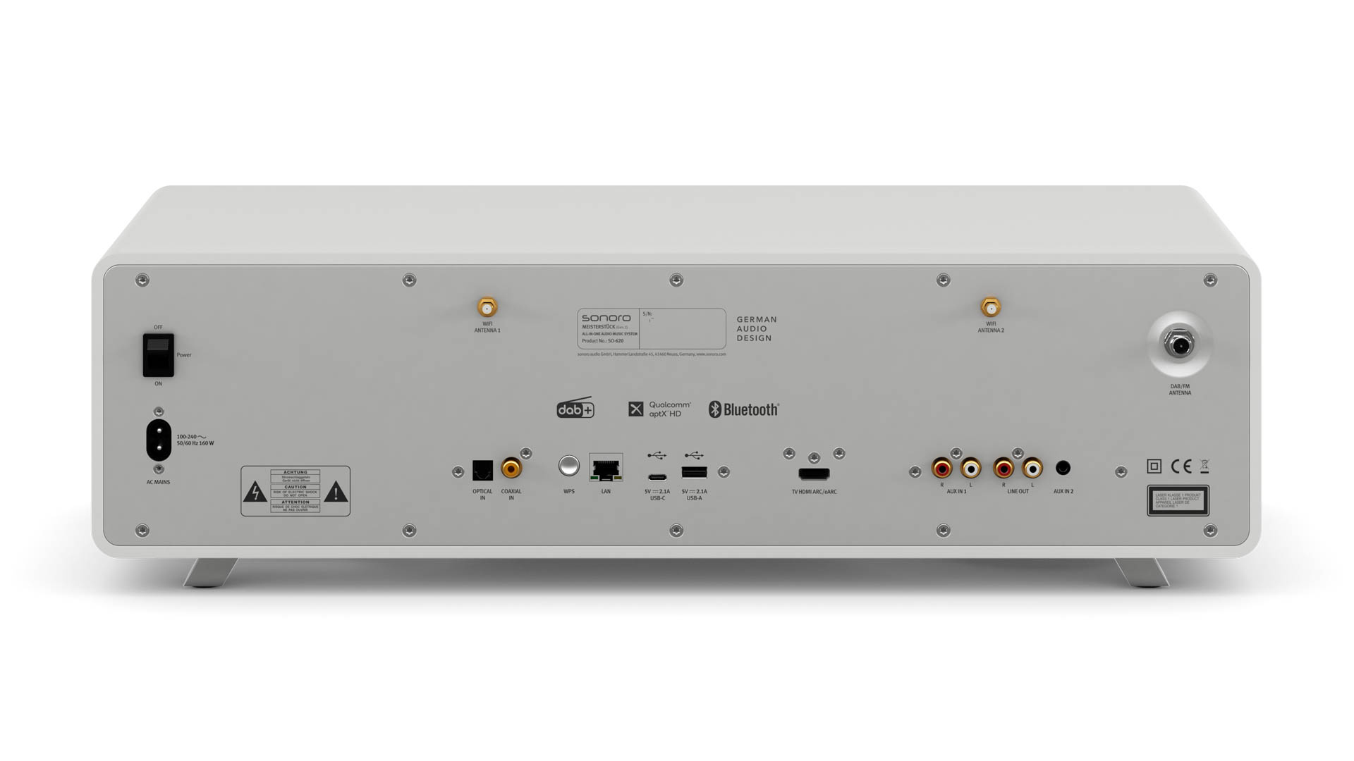 Rückansicht eines weißen Audiosystems mit verschiedenen Anschlüssen und Beschriftungen. Weißer Hintergrund.