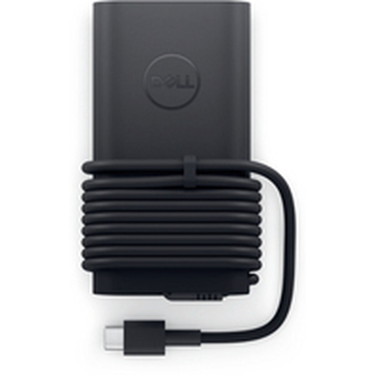 Black Dell laptop charger with a wrapped cable and a USB-C connector.