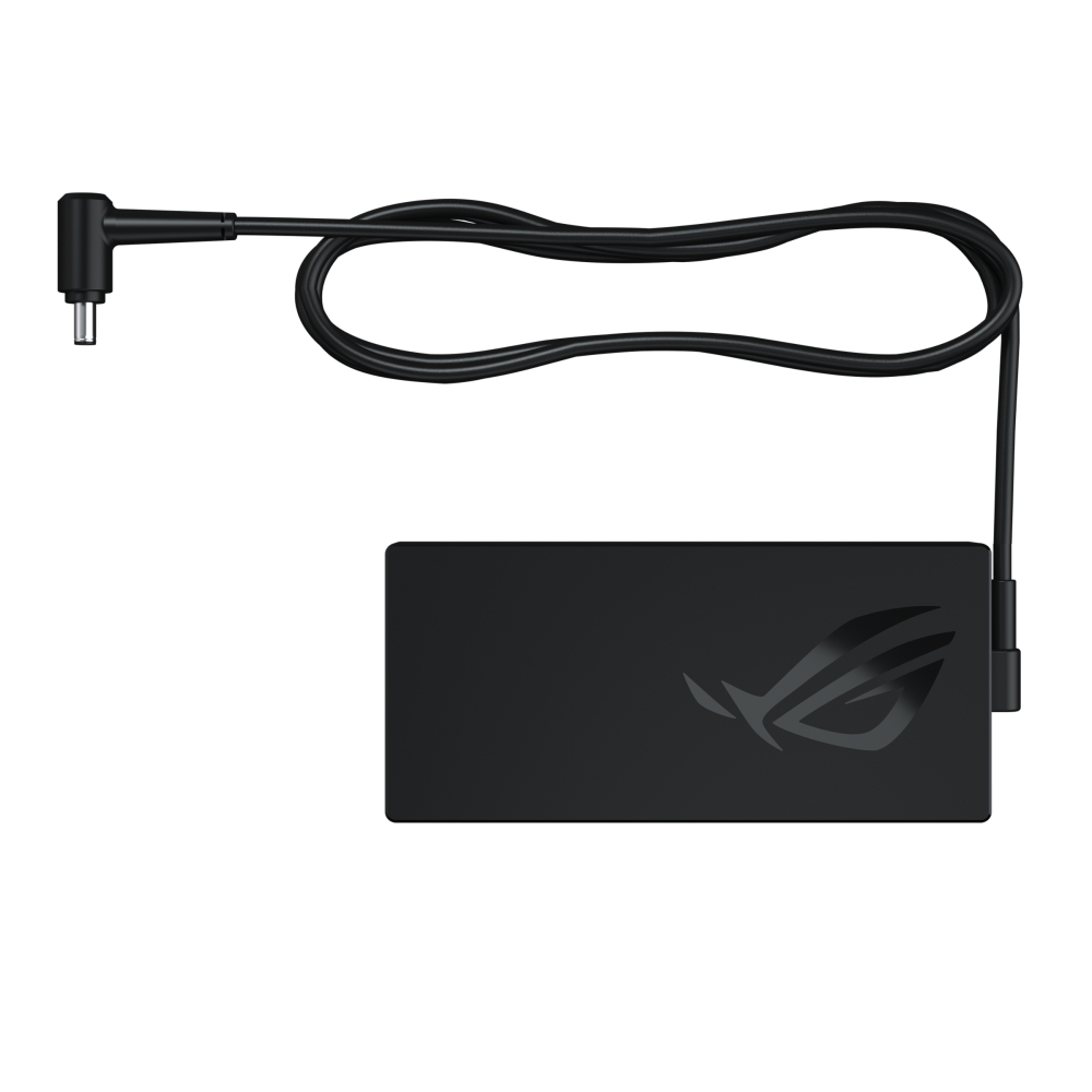 Schwarzes Laptop-Ladegerät mit Logo und einem schwarzen Kabel.