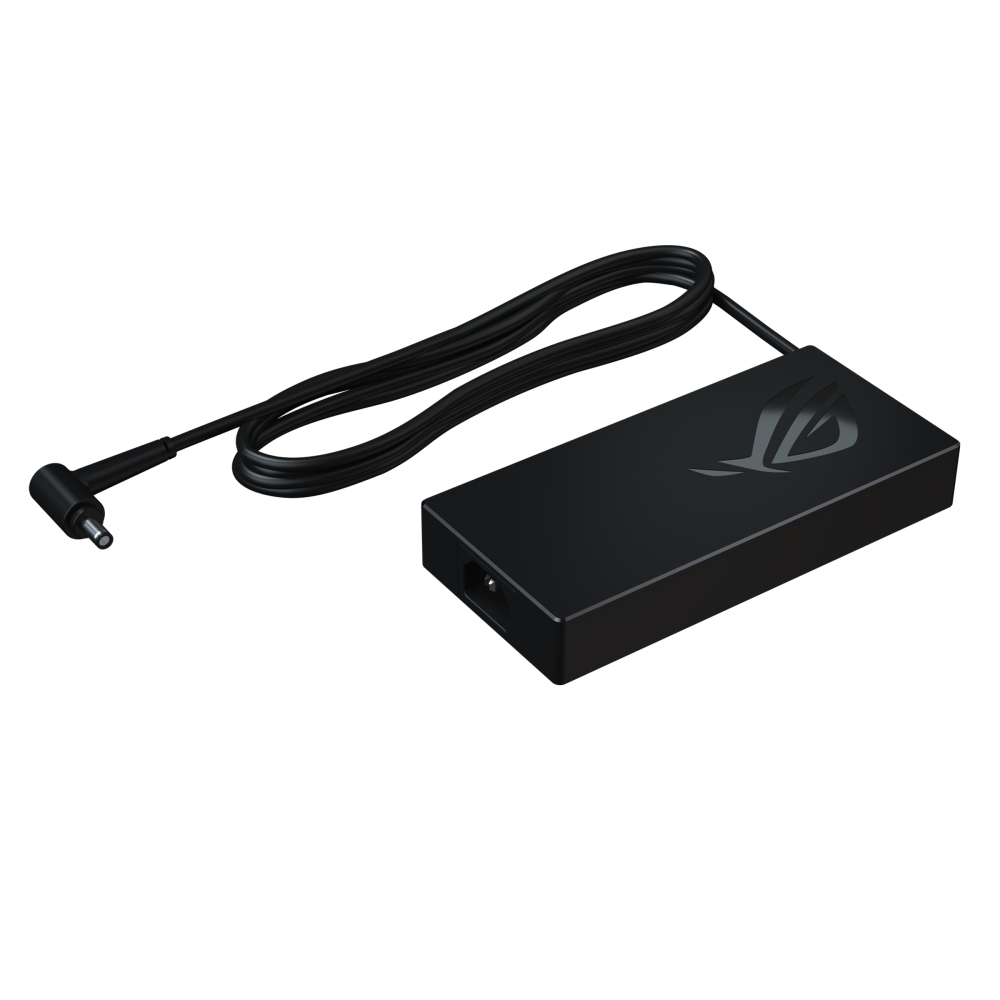 Schwarzes Laptop-Ladegerät mit Logo und einem schwarzen Kabel.