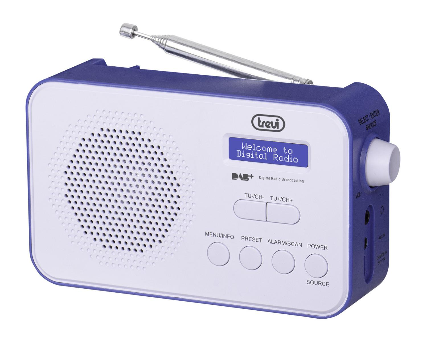 Radio bianca e blu con piccolo schermo e pulsanti. Antenna argentata estesa.