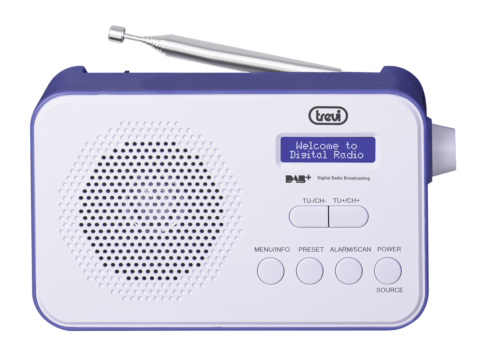 Weiß-blaues Digitalradio mit Bildschirm und Knöpfen.