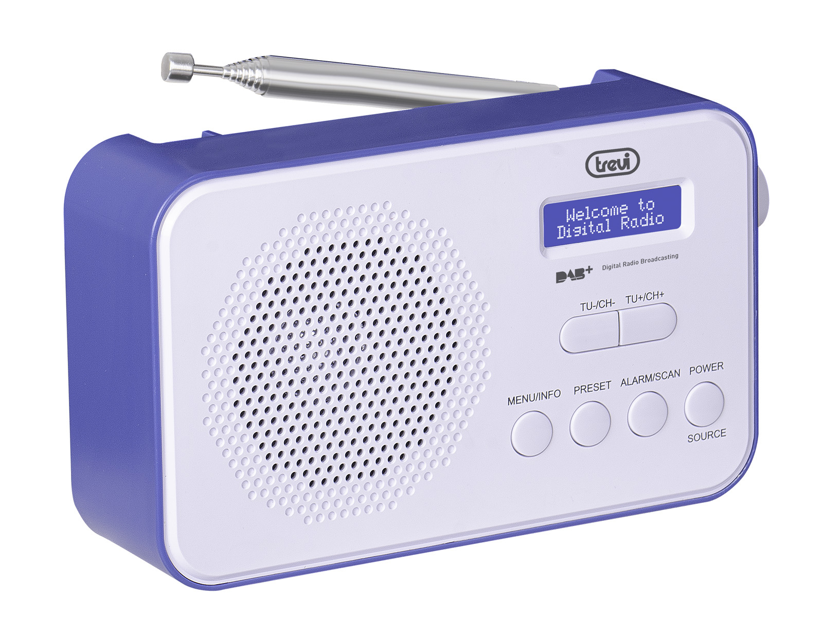 Weiß-blaues Radio mit kleinem Display und Knöpfen. Silberne Antenne ausgezogen.