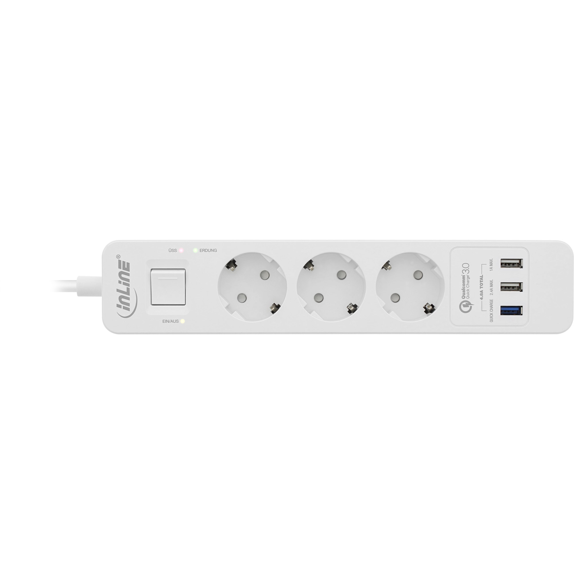 Weiße Steckdosenleiste mit mehreren Steckdosen, USB-Anschlüssen und Schalter.