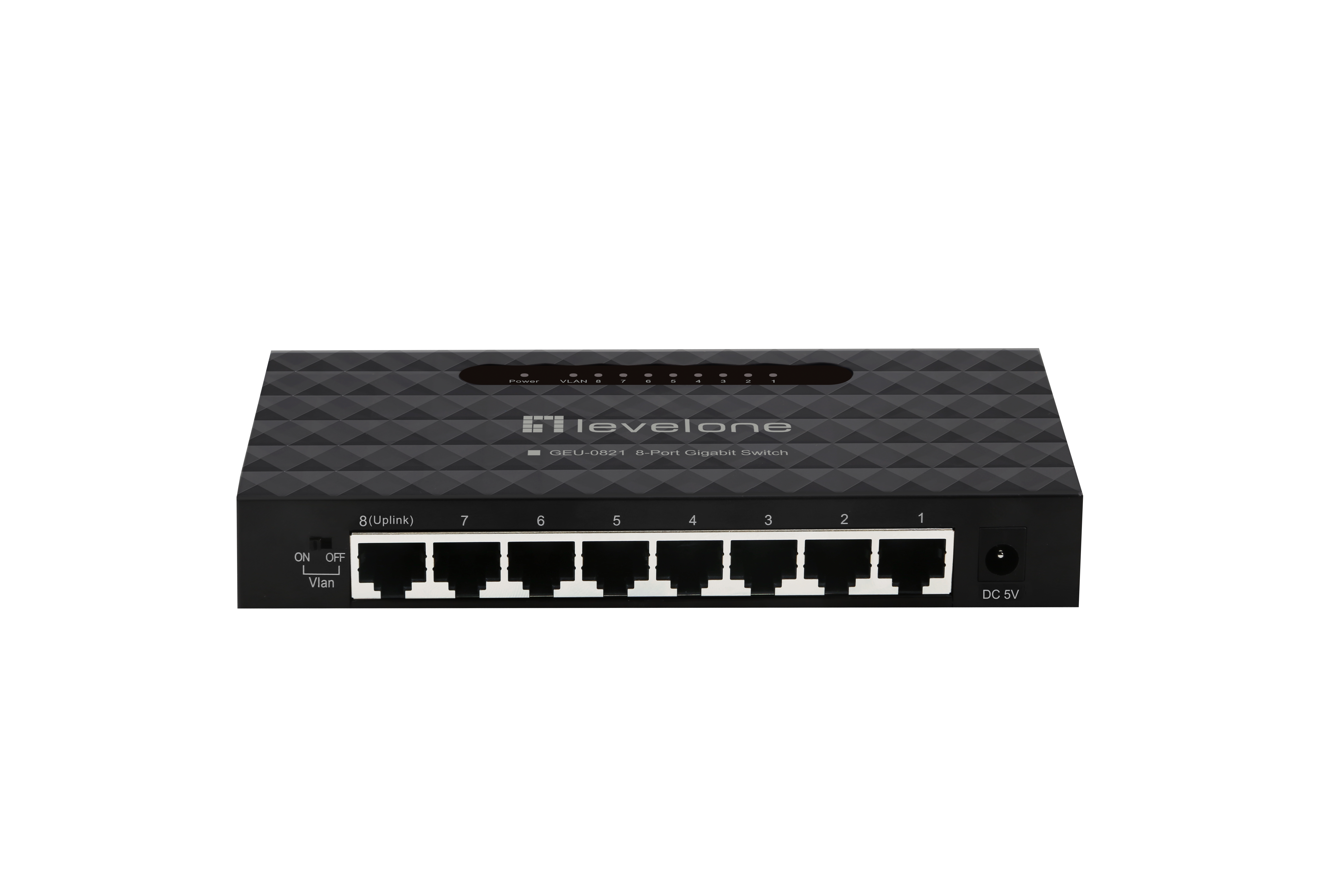 Ein schwarzer 8-Port Gigabit Switch mit dem 'levelone'-Logo. Er befindet sich auf einer weißen Oberfläche.