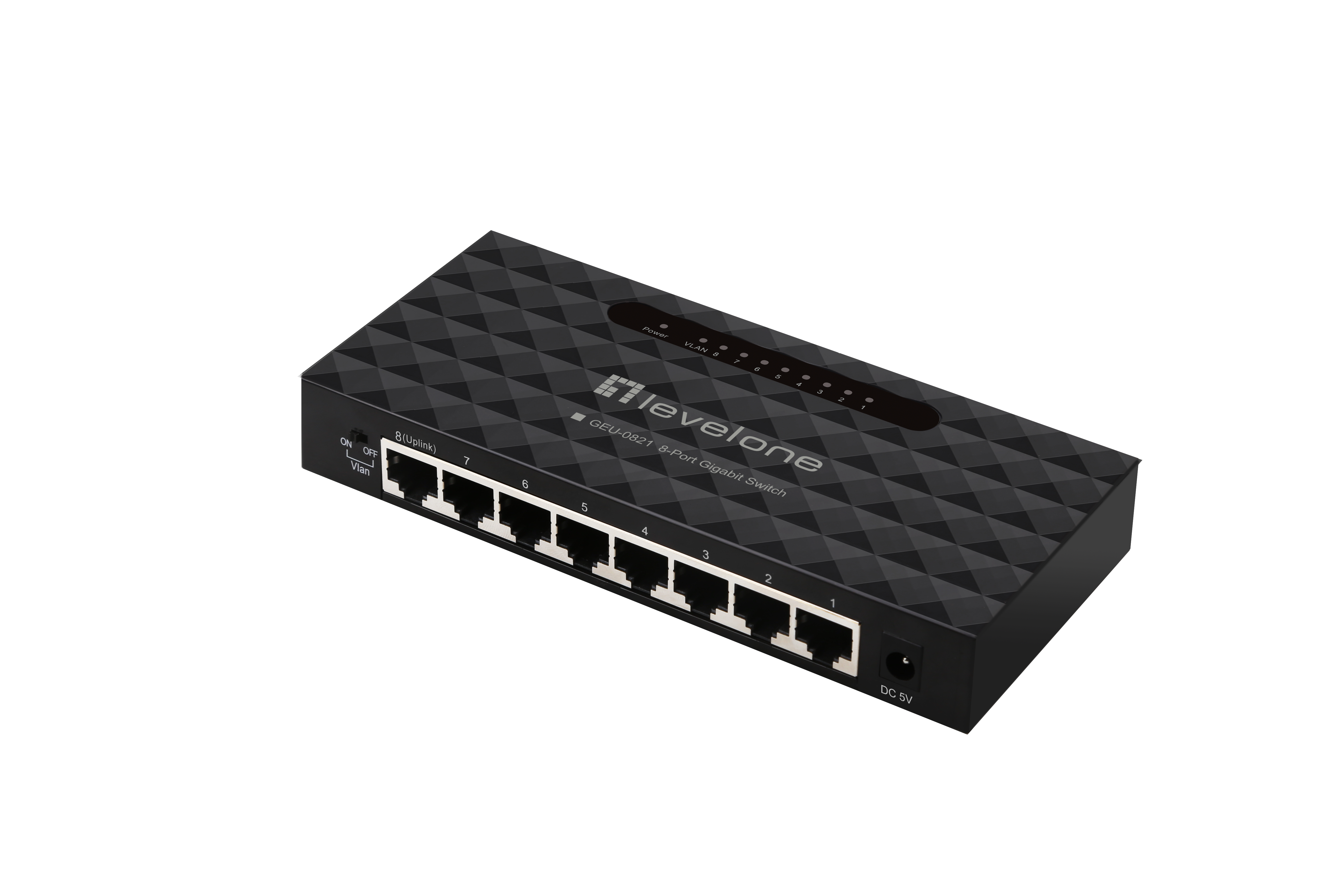 Ein schwarzer 8-Port Gigabit Switch mit dem 'levelone'-Logo. Er ist leicht geneigt.
