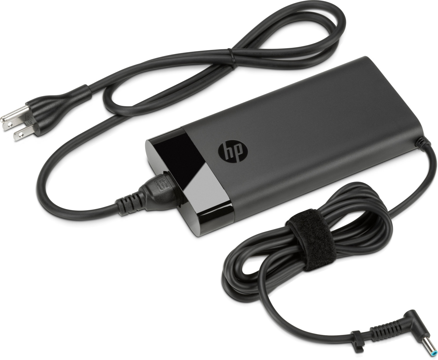 Schwarzes HP-Netzteil mit schwarzem Kabel und Stecker.
