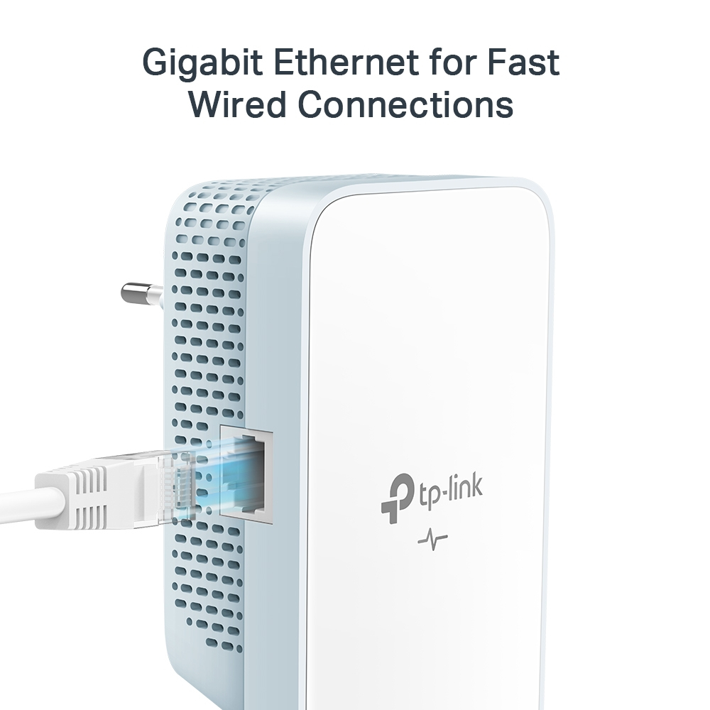 Ein weißer TP-Link Powerline-Adapter mit eingestecktem Netzwerkkabel. Text: Gigabit-Ethernet für schnelle kabelgebundene Verbindungen.