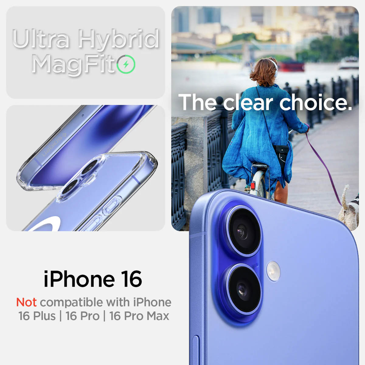 Eine iPhone 16 Hülle, mit Telefonbild und einer Person, die im Hintergrund Fahrrad fährt.