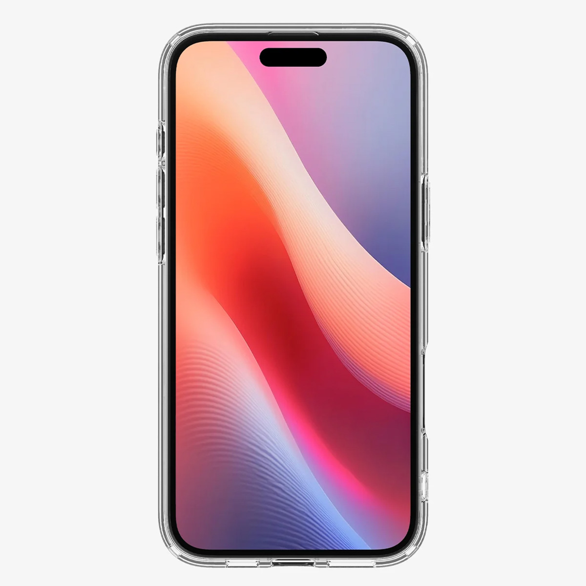 Eine transparente Handyhülle auf einem Handy mit einem farbenfrohen Bildschirm mit abstrakten Formen.
