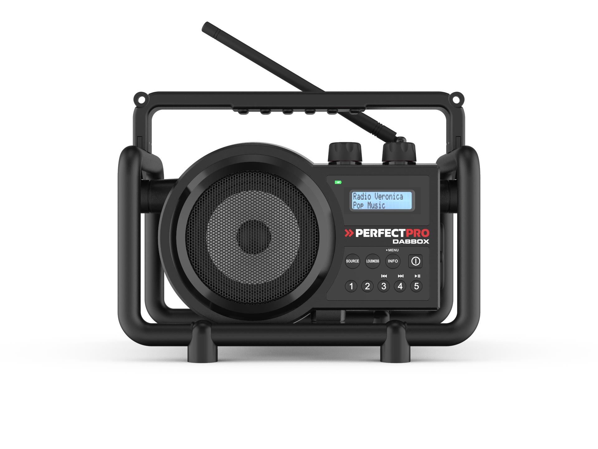 Primo piano di una radio PerfectPro DABBOX nera, che mostra l'altoparlante, il display e i pulsanti.