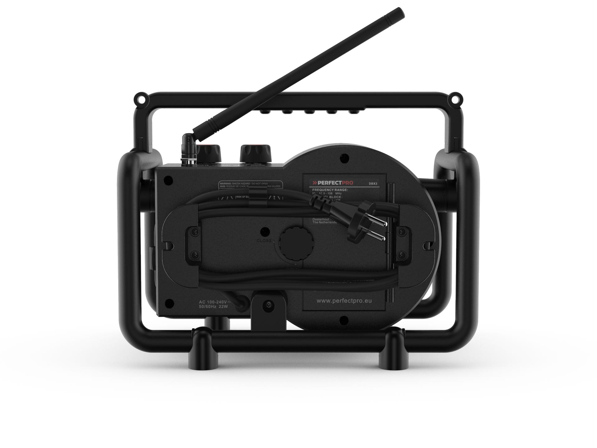 Vista posteriore di una radio PerfectPro nera. Antenna e cavo di alimentazione visibili. Pannello posteriore nero.