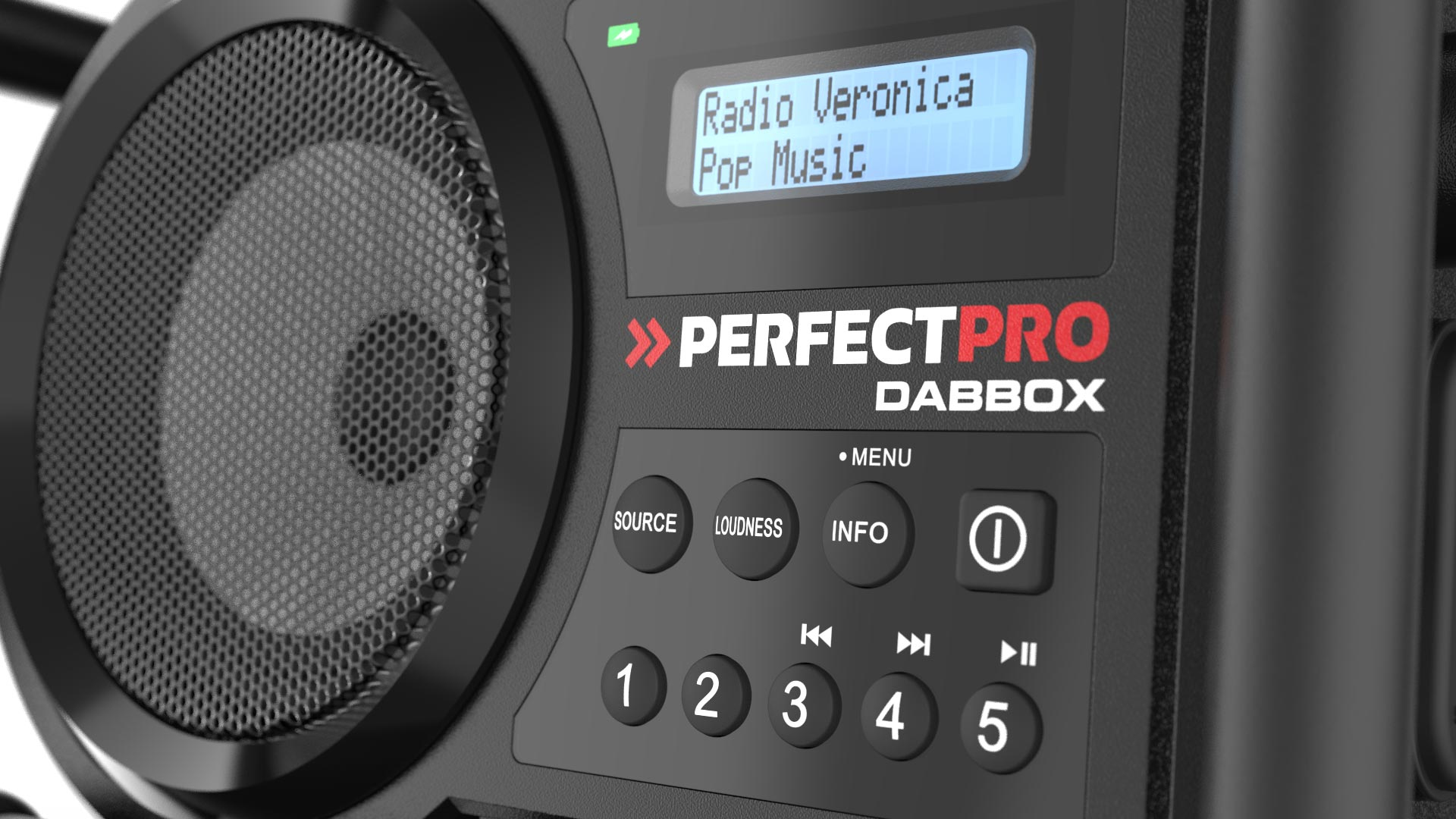 Primo piano di una radio DABBOX PerfectPro nera. Il display mostra 'Radio Veronica'. Pulsanti: 1, 2, 3, 4, 5.