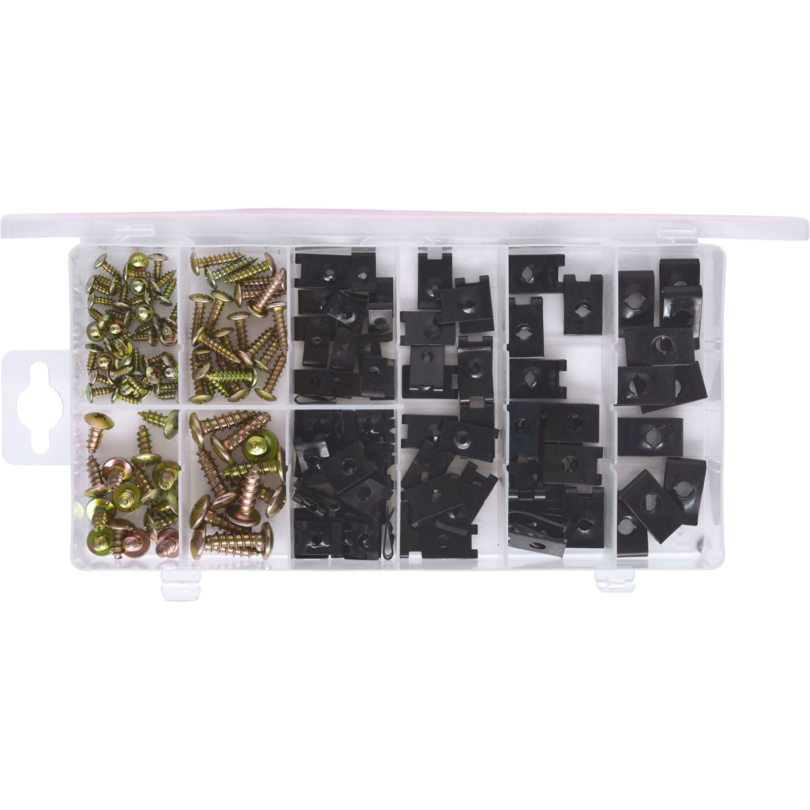 In Fächer unterteilte Box mit Schrauben und Clips. Verschiedene Schraubenköpfe und Clipformen sind sichtbar. Weißer Hintergrund.