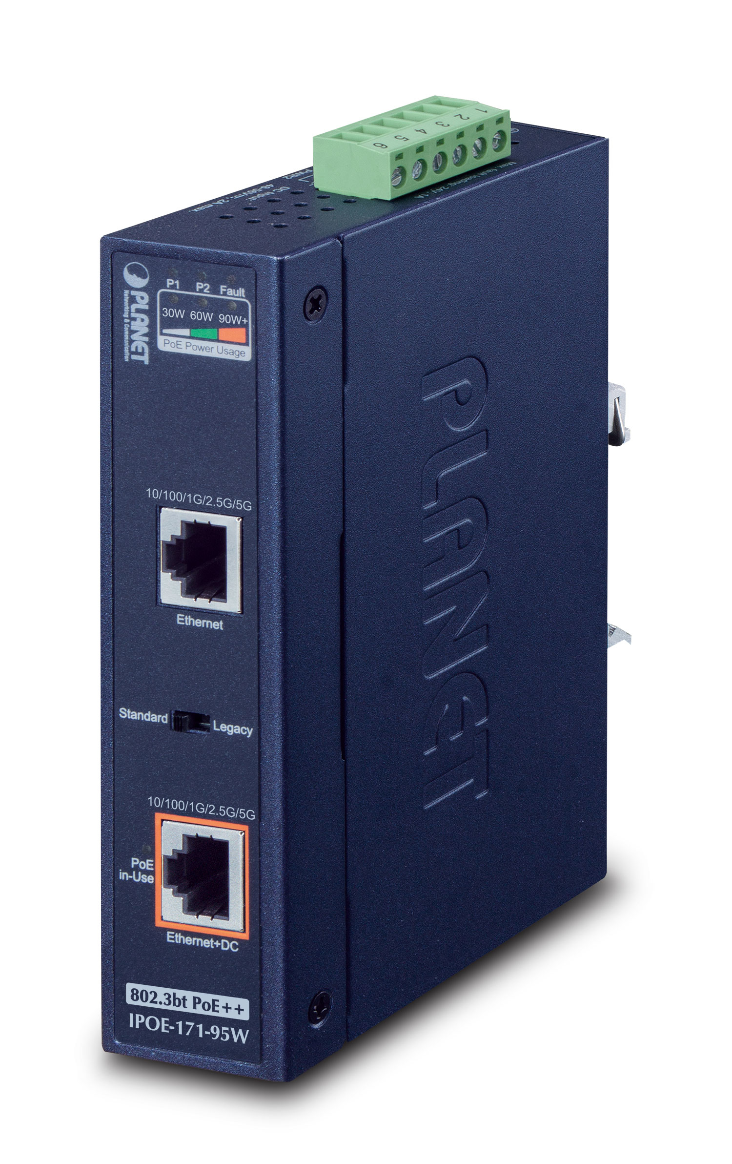 Uno switch PoE Planet blu scuro. Ha più porte, etichette e un connettore verde.
