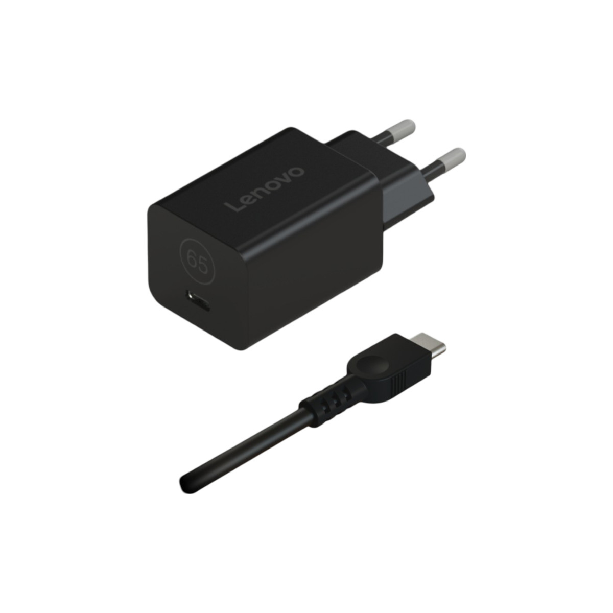 Czarny zasilacz Lenovo i kabel. Adapter ma wtyczkę i port USB-C.
