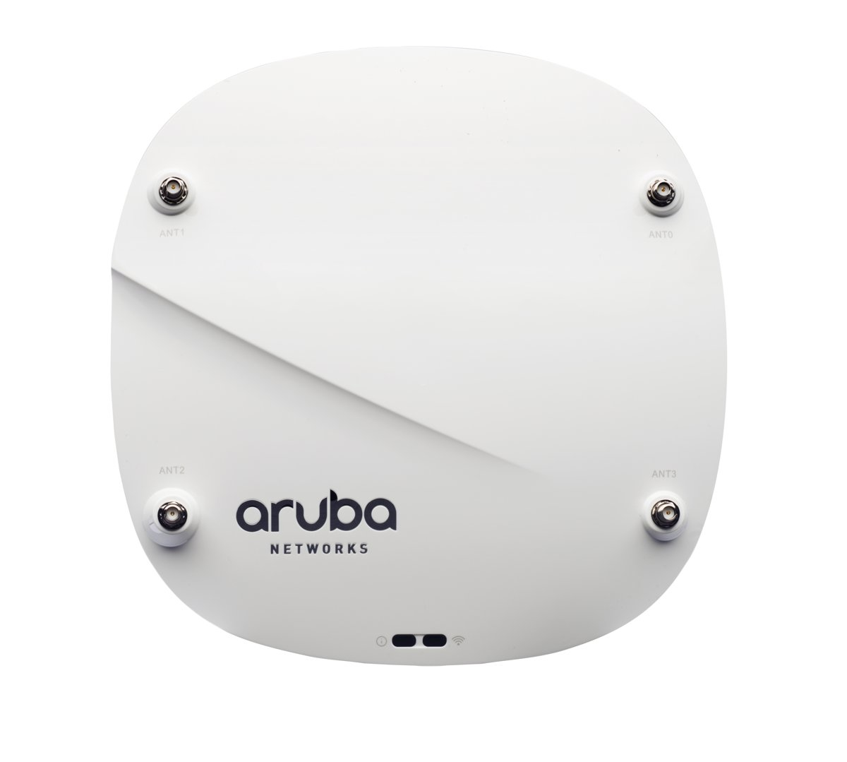 Ein weißes Gerät mit vier Antennenanschlüssen und dem Logo 'Aruba Networks'. Es ist auf weißem Hintergrund.
