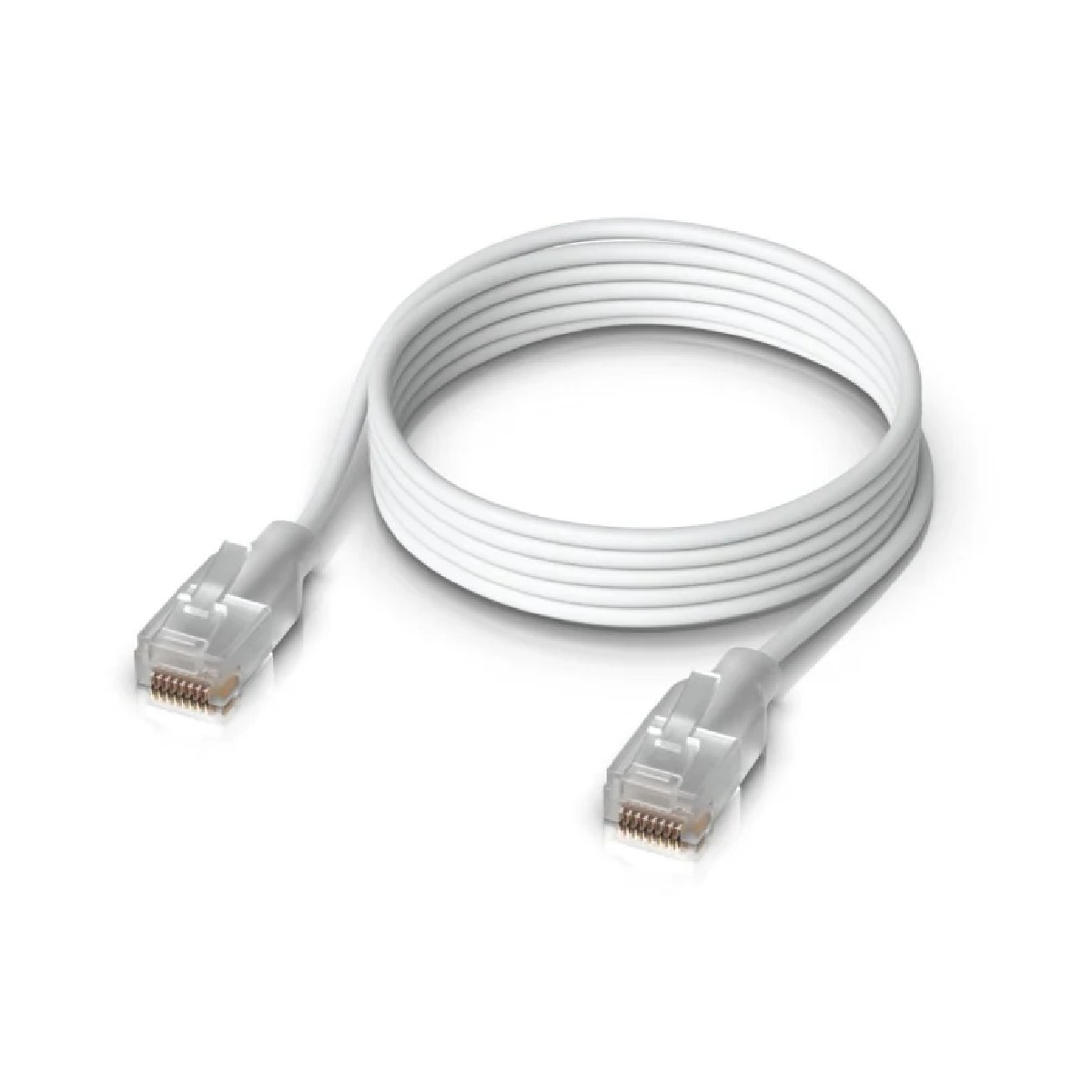 Cavo Ethernet bianco con due connettori trasparenti. Il cavo è arrotolato, con connettori a entrambe le estremità.