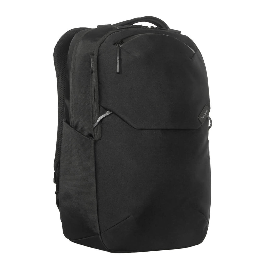 Ein schwarzer Targus-Rucksack mit schlankem Design. Er hat eine Vordertasche, einen Reißverschluss und ein Logo.