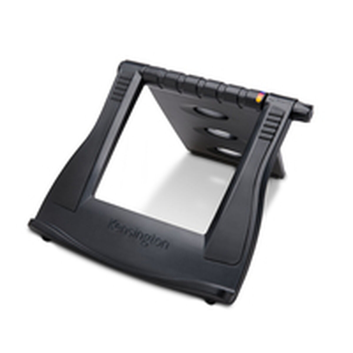 A black laptop stand with the brand name Kensington on a white background.