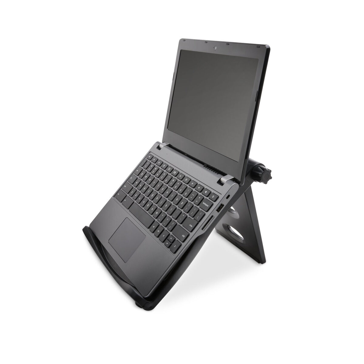 Laptop on a black stand, open, grey keyboard, black screen, white background.