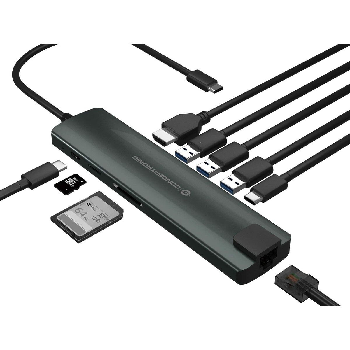 Ein Multiport-Adapter mit verschiedenen Anschlüssen, Kabeln und einer 64 GB SD-Karte auf weißer Oberfläche.