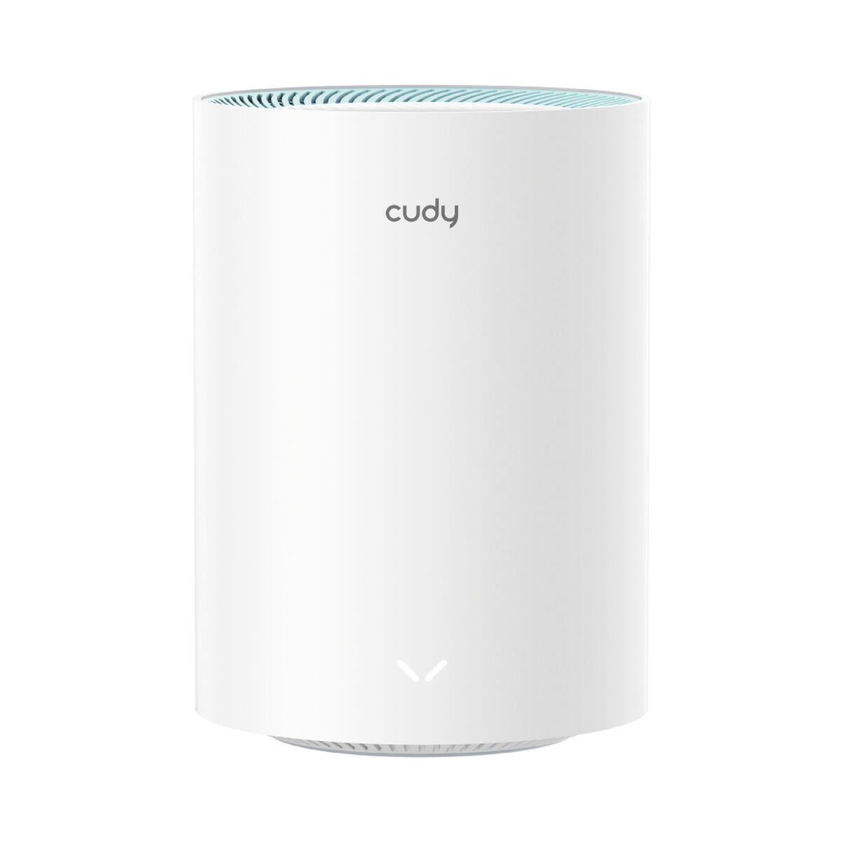 Wit cilindrisch apparaat met 'cudy' erop. Het heeft ventilatieopeningen aan de bovenkant en een lichtindicator onderaan.