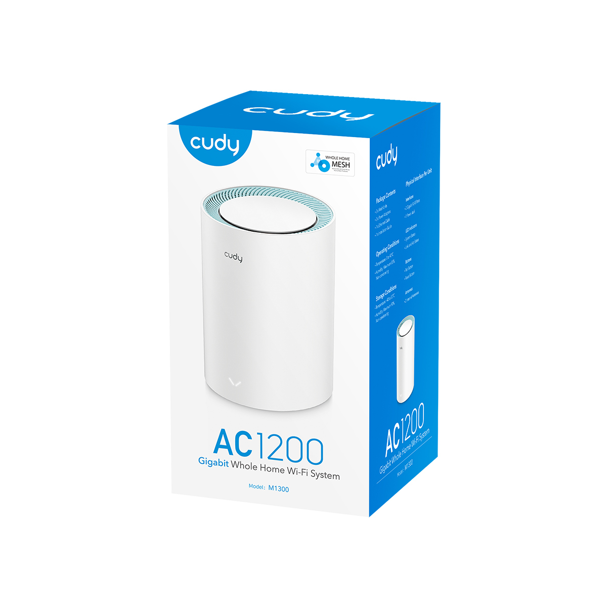 Een blauwe en witte cudy AC1200 Gigabit Wi-Fi-systeemdoos met productafbeeldingen en tekst, op een witte achtergrond.