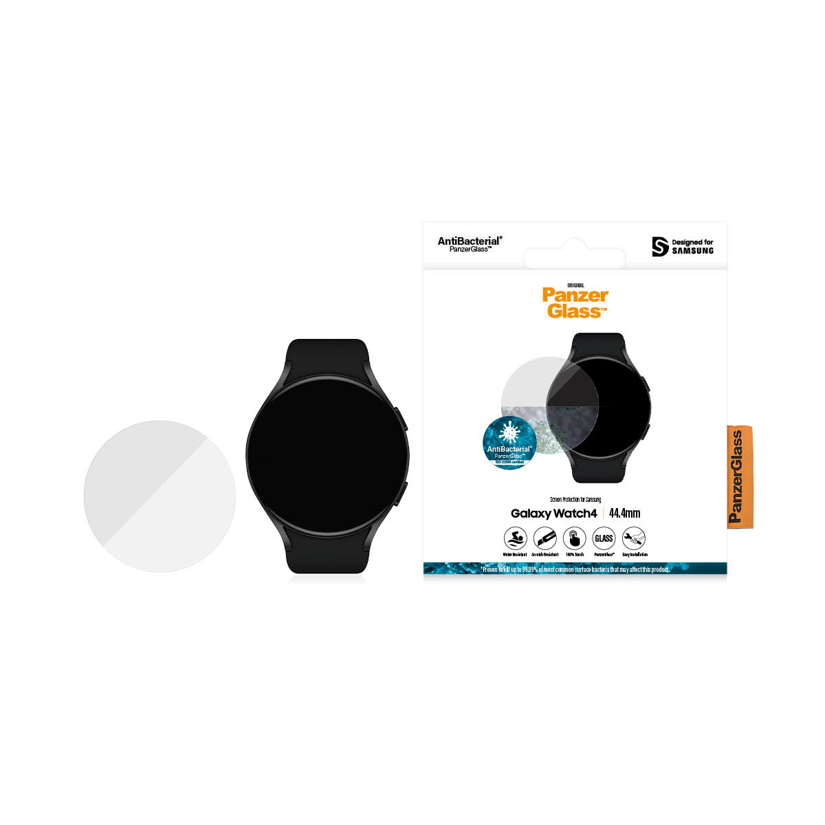 Uno smartwatch e una protezione schermo circolare con la confezione PanzerGlass. La protezione è trasparente.